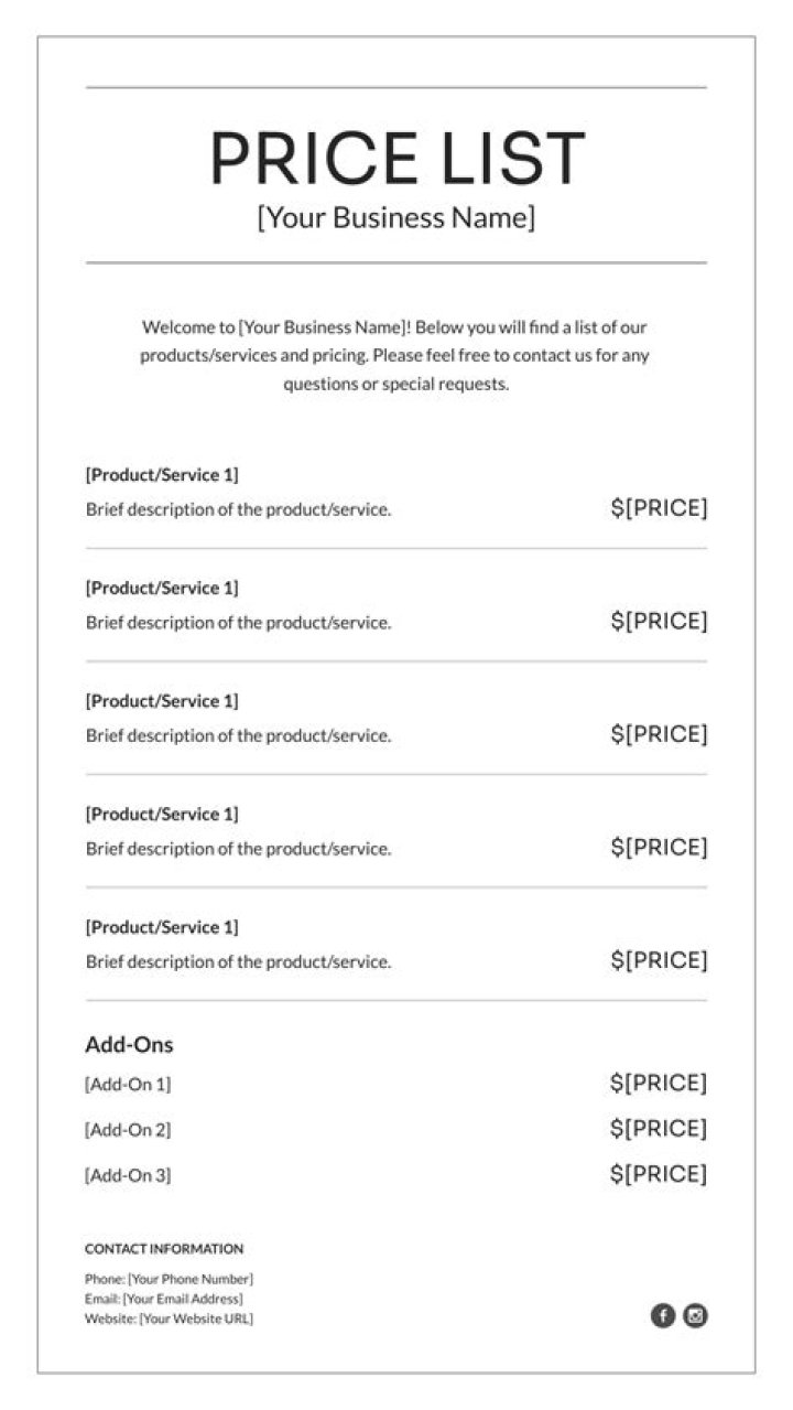 Price List, Shop Locations & Contact