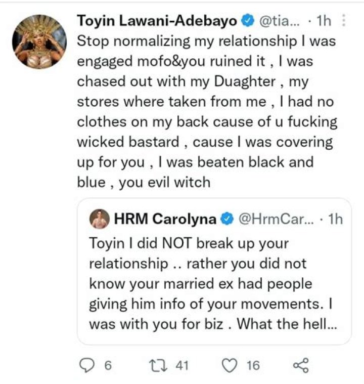 “You Are The Reason My First Marriage Failed”- Toyin Lawani Calls Out Caroline Danjuma, She Replies